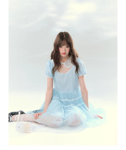 “Ice Blue Polka Dream” Blue Polka Dot Tiered Mini Dress