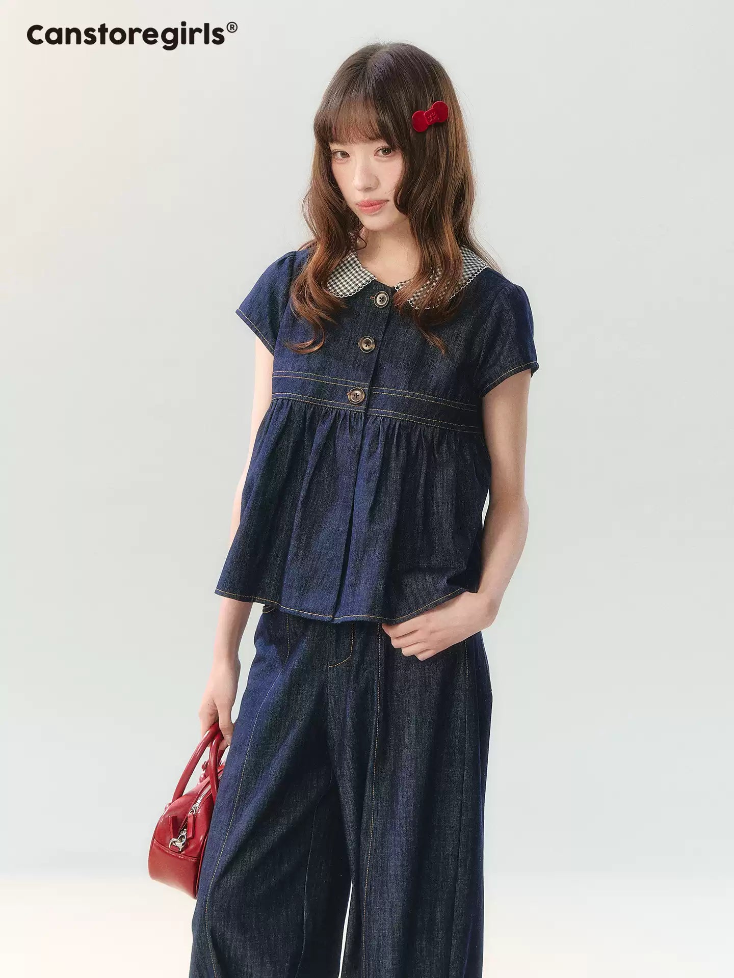 "Denim Check Prelude" Indigo Denim Three-Piece Set