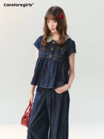 "Denim Check Prelude" Indigo Denim Three-Piece Set