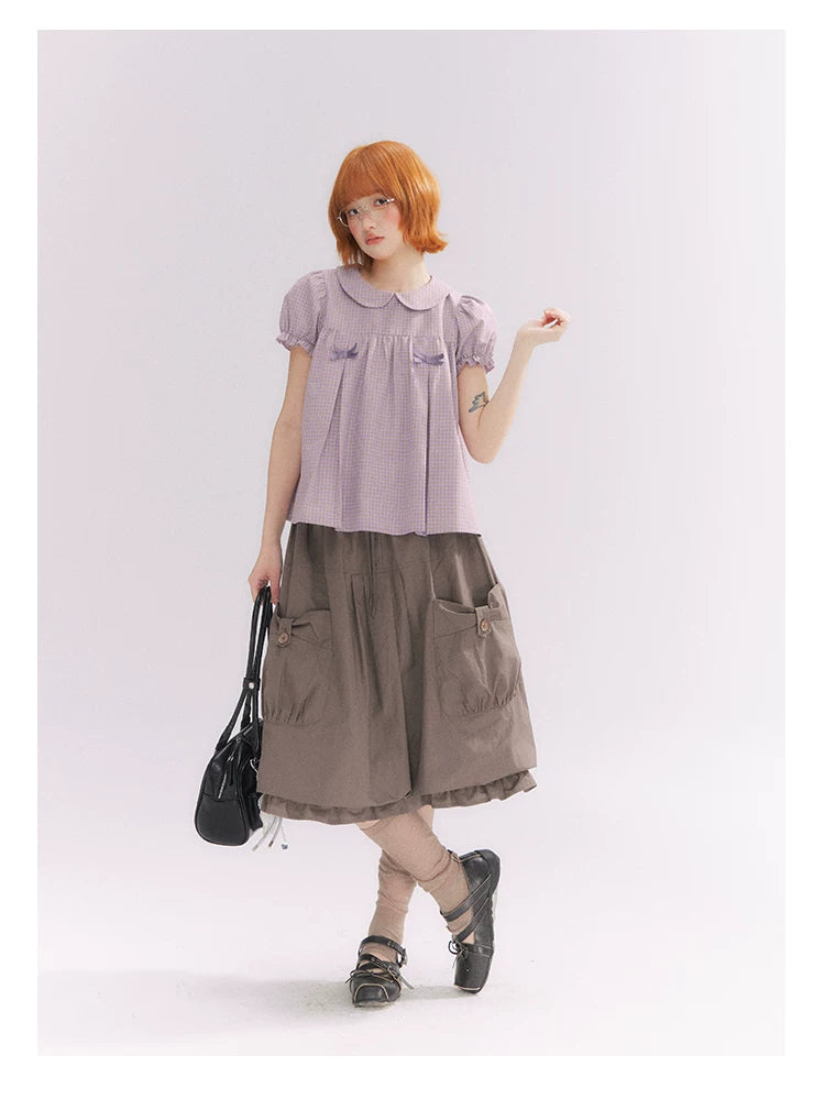 “Sweet & Cool Girl” Taupe Bow Drawstring High-Waist A-Line Cargo Skirt