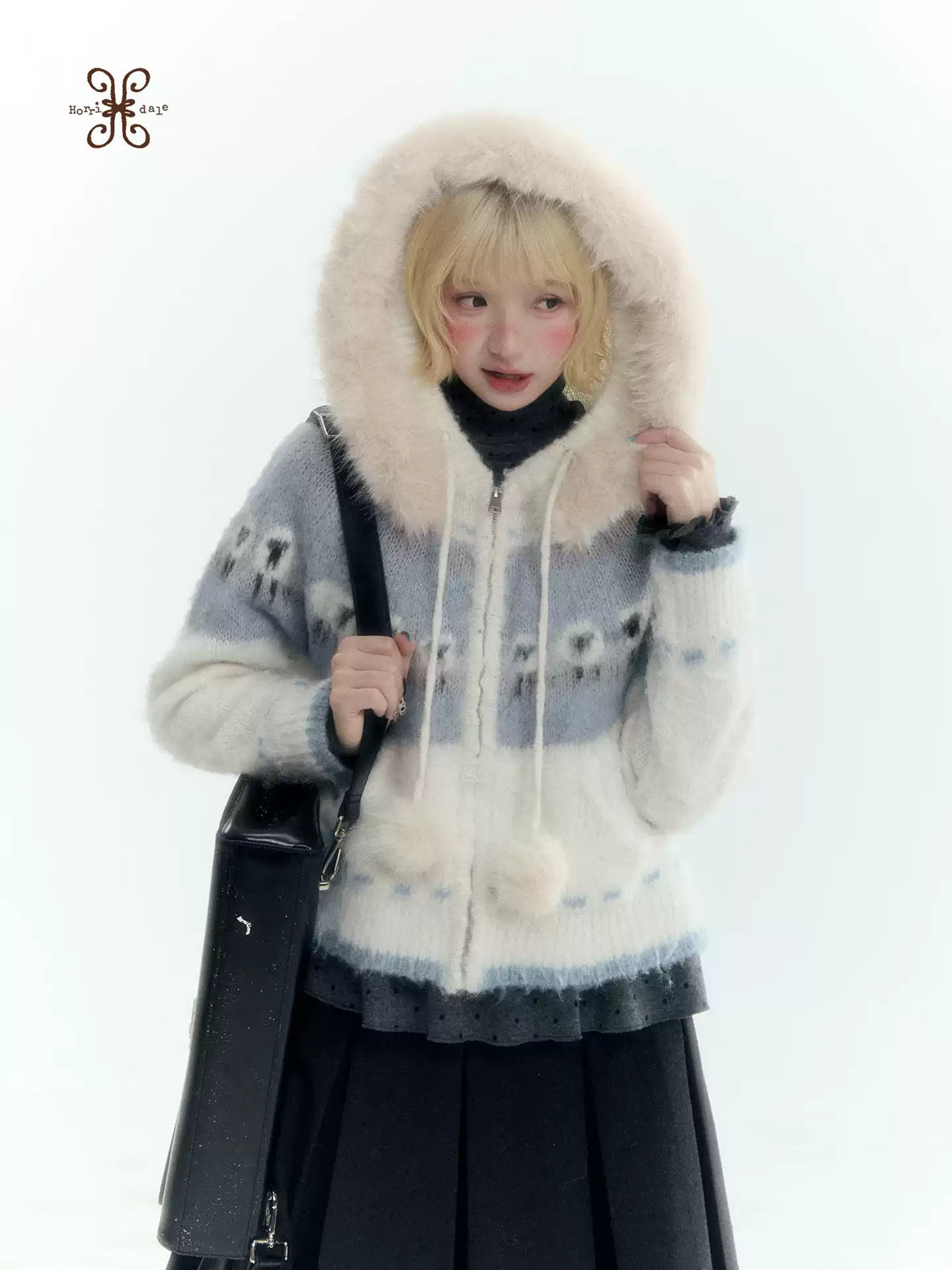 Horridale - Ice Blue White Sheep Jacquard Hooded Knit Cardigan