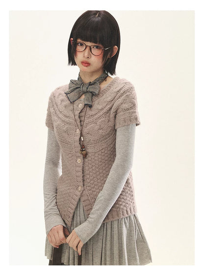 "Rice Knit" Wool-Blend Short Sleeve Knit Cardigan (Moss Coffee Green/ Dusk Dusty Pink)
