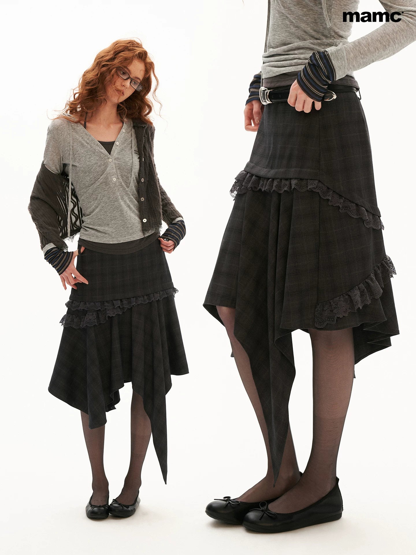 Grey Plaid Asymmetrical Lace Midi Skirt