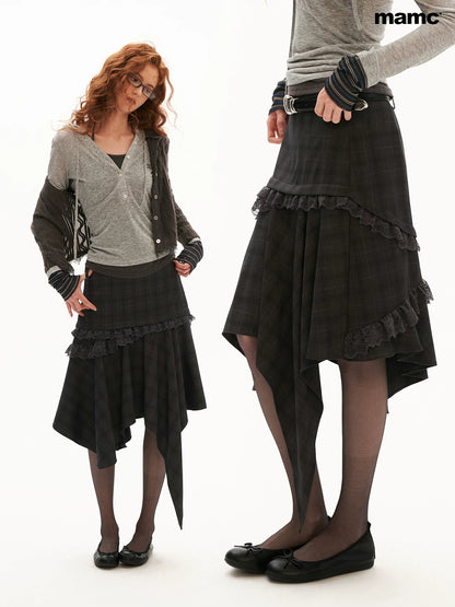 Grey Plaid Asymmetrical Lace Midi Skirt