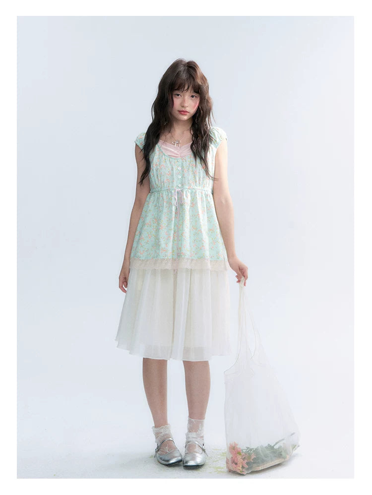 "Mint Blossom" Mint Green Floral Layered Floral Babydoll Top