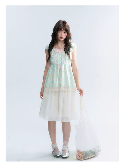 "Mint Blossom" Mint Green Floral Layered Floral Babydoll Top