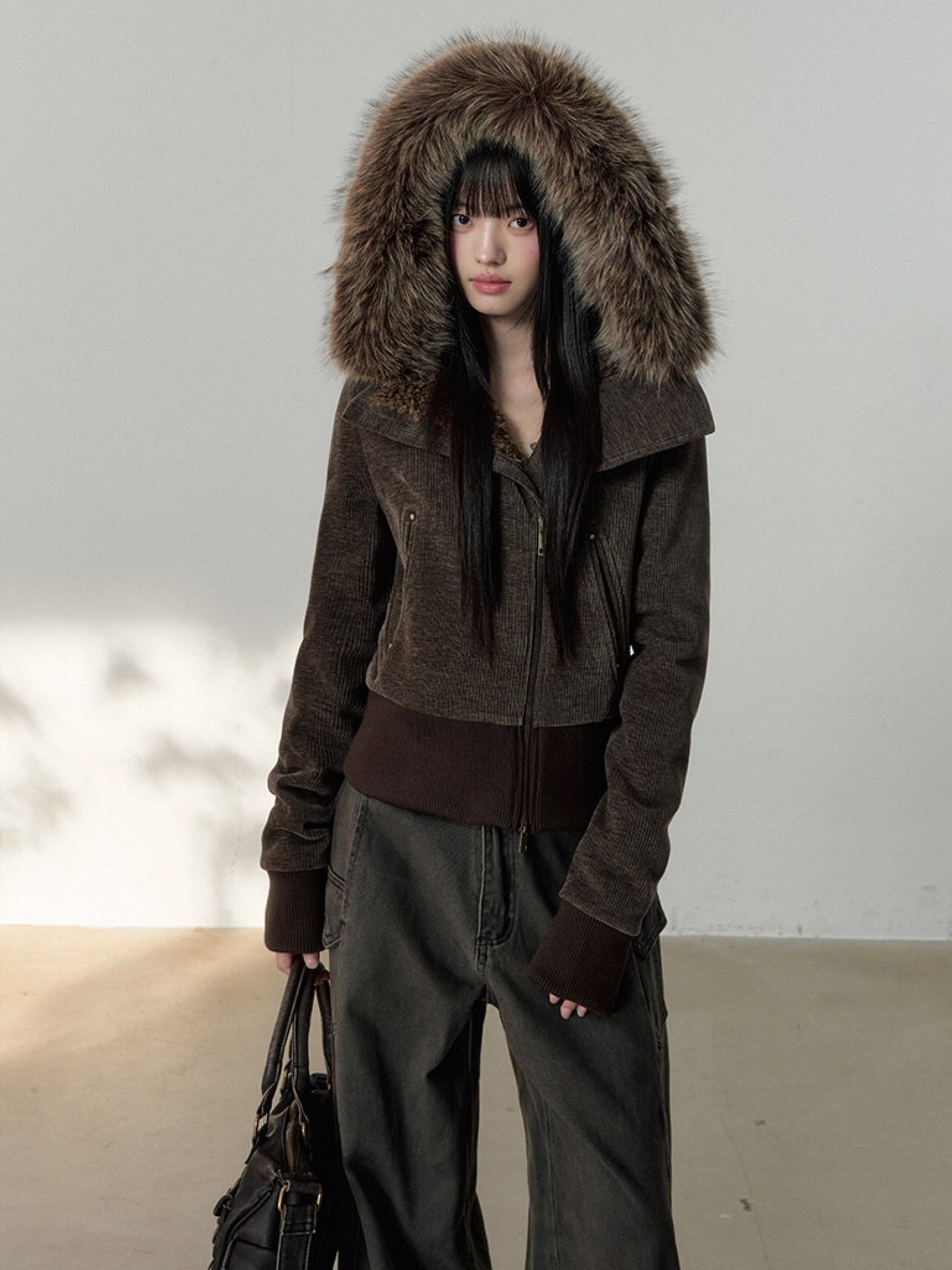 Soote Season - Deep Brown Chenille Faux-Fur Hooded Cropped Jacket