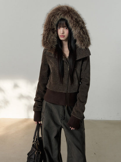 Soote Season - Deep Brown Chenille Faux-Fur Hooded Cropped Jacket