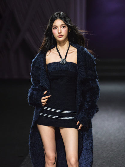 "Midnight Bloom" Navy Hand-Crochet Floral Contrast Knit Dress & Oversized Shawl Collar Knit Cardigan Set