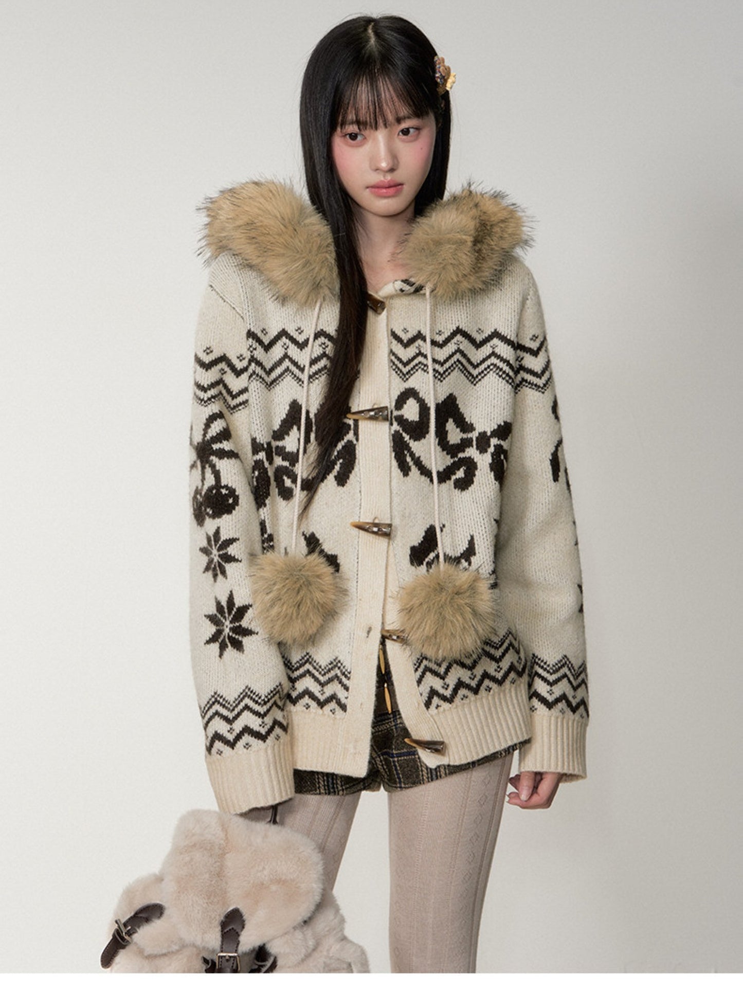 Soote Season - Fair Isle Cream Hooded Toggle Knit Jacket - Light Cream