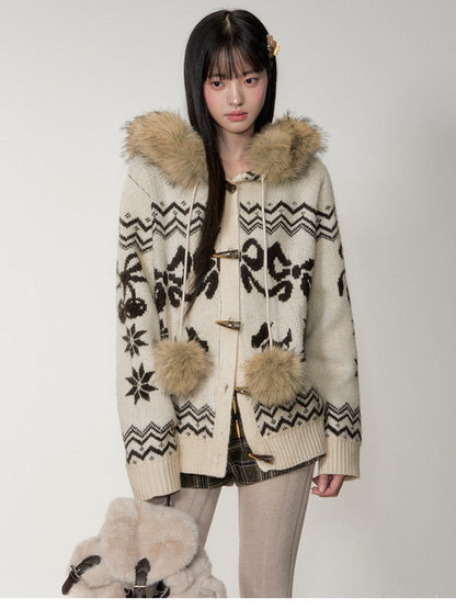 Soote Season - Fair Isle Cream Hooded Toggle Knit Jacket - Light Cream