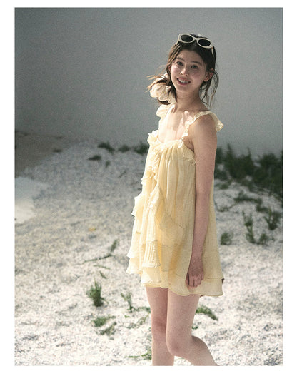 “Tenderly Entwined” Soft Butter Yellow Ruffle Babydoll Dress 4563543