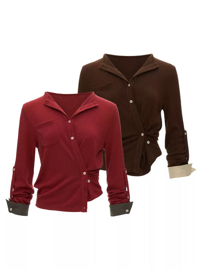MAMC - Textured Wrap-Front Henley Waist-Defined Cardigan Top (Red / Brown)
