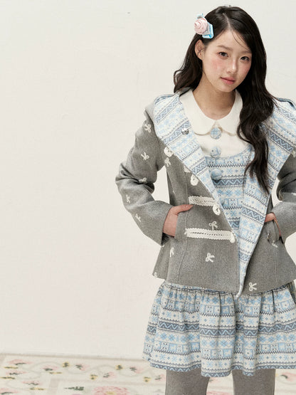 [RF] Heather Gray Vintage Jacquard Hooded Jacket with Frost Mist Blue Details
