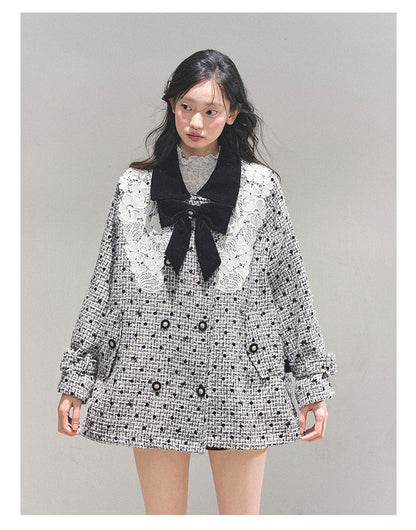 少也眼 “Soft-Focused Moment” Black Tweed Lace Jacket 975642