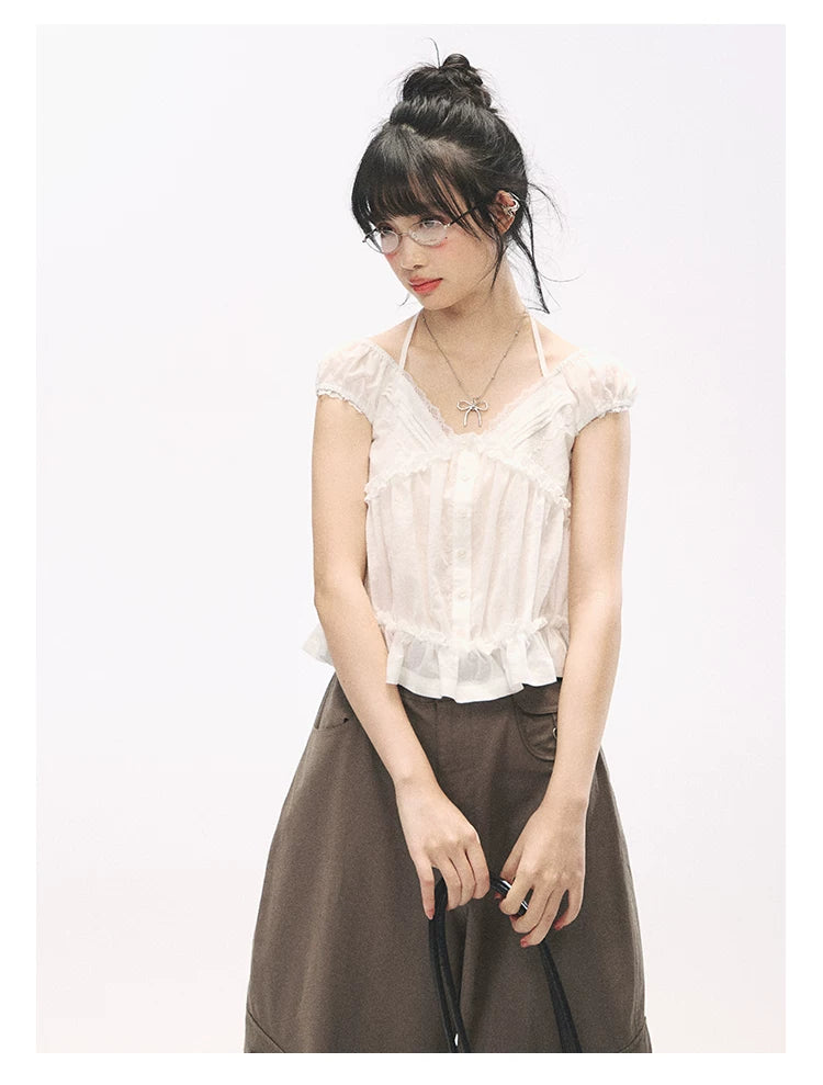 "French Meadow Romance" Ivory Lace Trim Halter Tie V-Neck Cotton Blouse