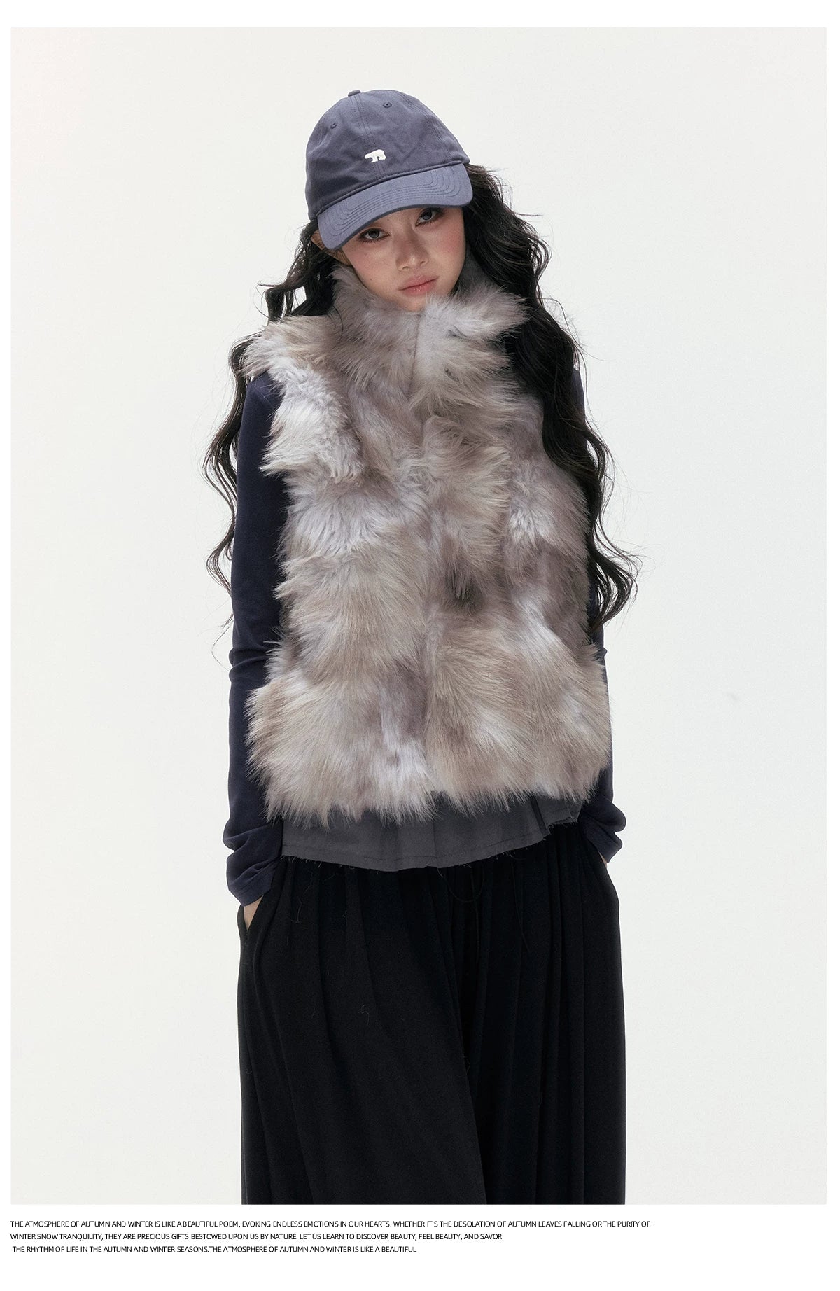 24olvides - Faux Fur Vest with Stand Collar and Toggle Closures (Creamy Leopard Print / Blue-Gray)