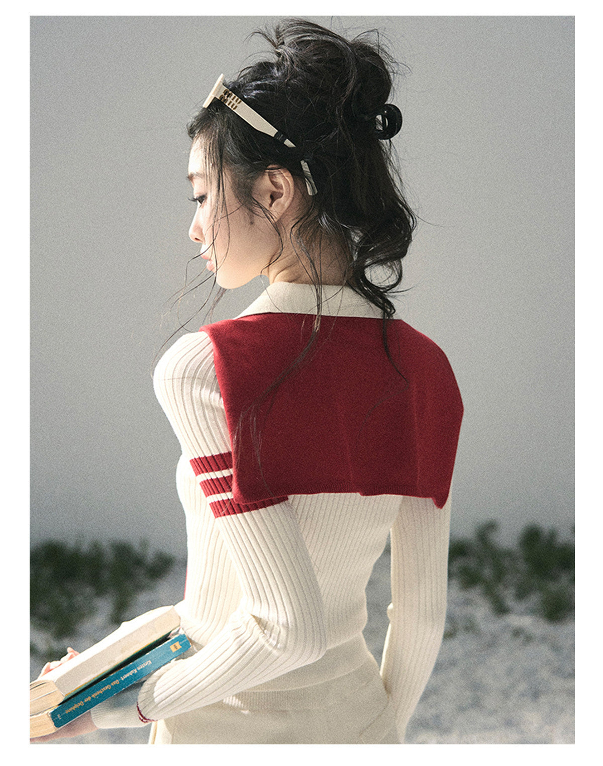 “Delhi Academy” Ivory Polo Knit Set with Angora Red Scarf