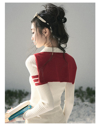 “Delhi Academy” Ivory Polo Knit Set with Angora Red Scarf