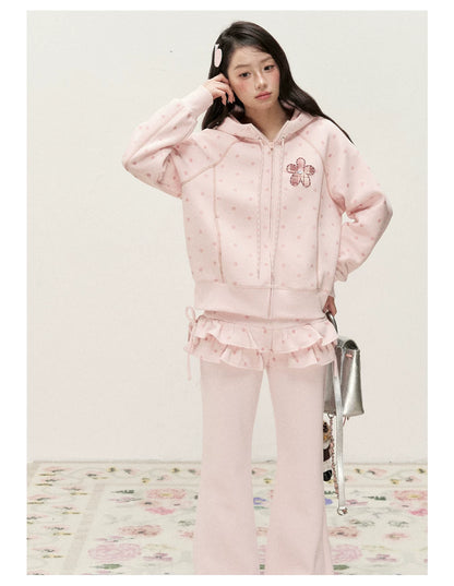 [RF] Polka Dot Hoodie and Pants Set with Zip Closure in Soft Pink