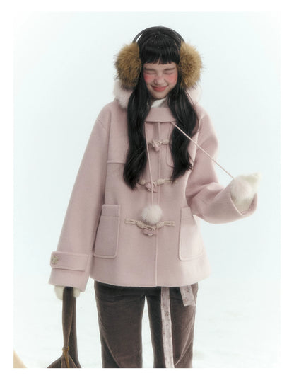 Horridale - Preppy Hooded Wool-Blend Duffle Coat with Pom-Pom Details – Mist Pink