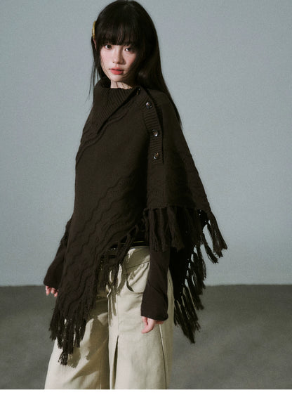 LOST FOREST - Wool-Blend Bow Graphic Fringe Cape Shawl (Coffee / Dark Gray)
