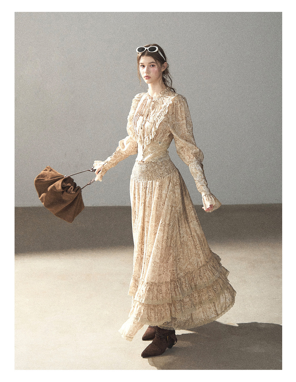 170726 "Growing an Autumn Breeze" Milk Tea Floral Blouse & Maxi Skirt Set