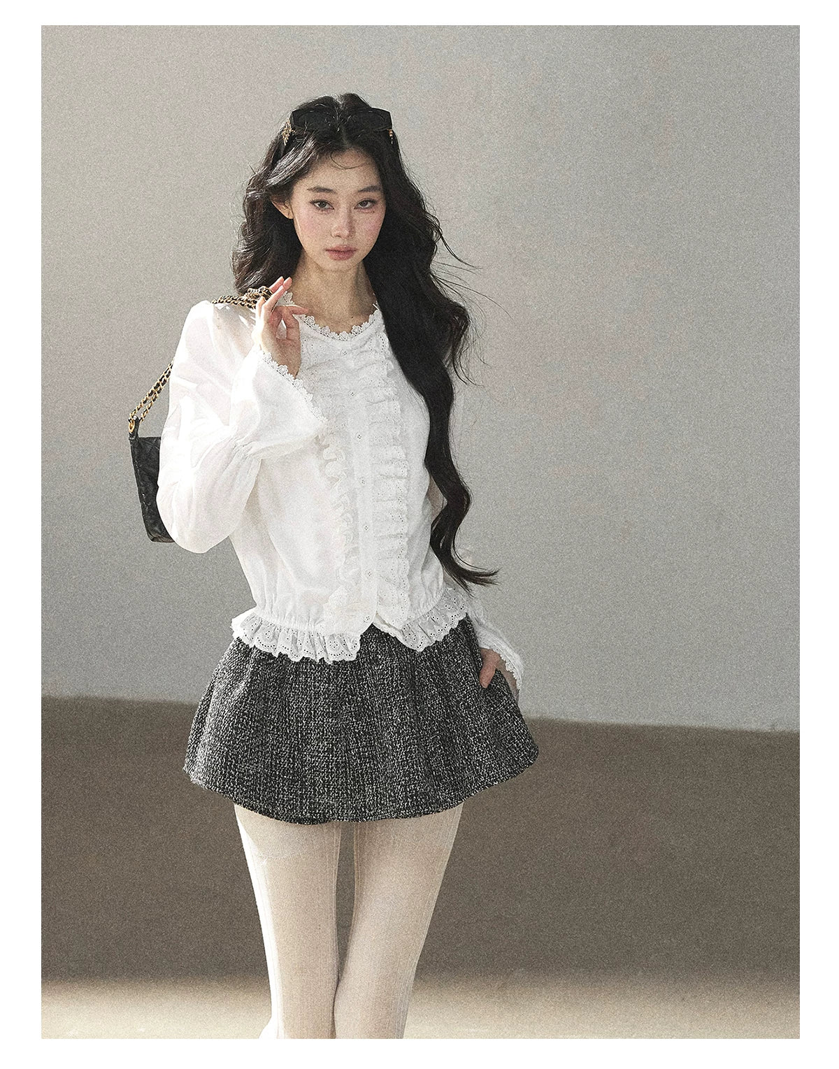 AOMALM - Black & Pearl White Tweed Jacket, Lace Blouse & Mini Skirt Set
