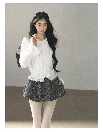 AOMALM - Black & Pearl White Tweed Jacket, Lace Blouse & Mini Skirt Set