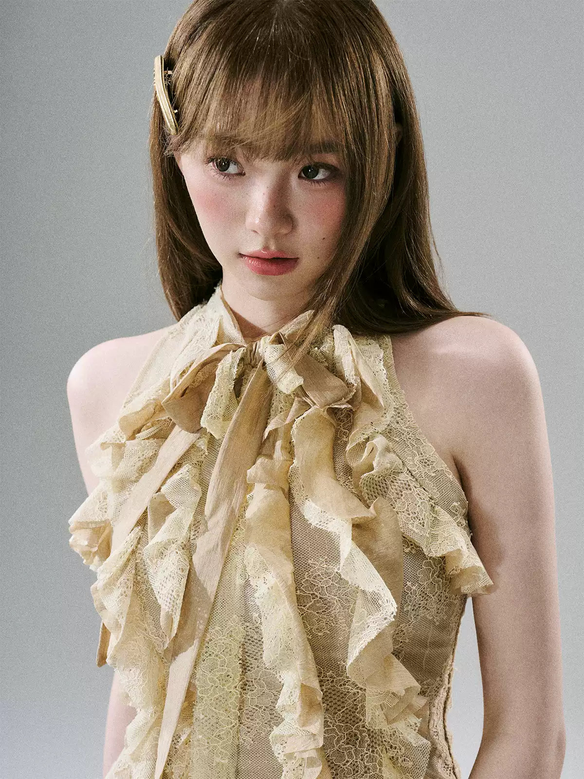 LOST FOREST - Warm Gold Acetate Lace Ruffle Halter Top