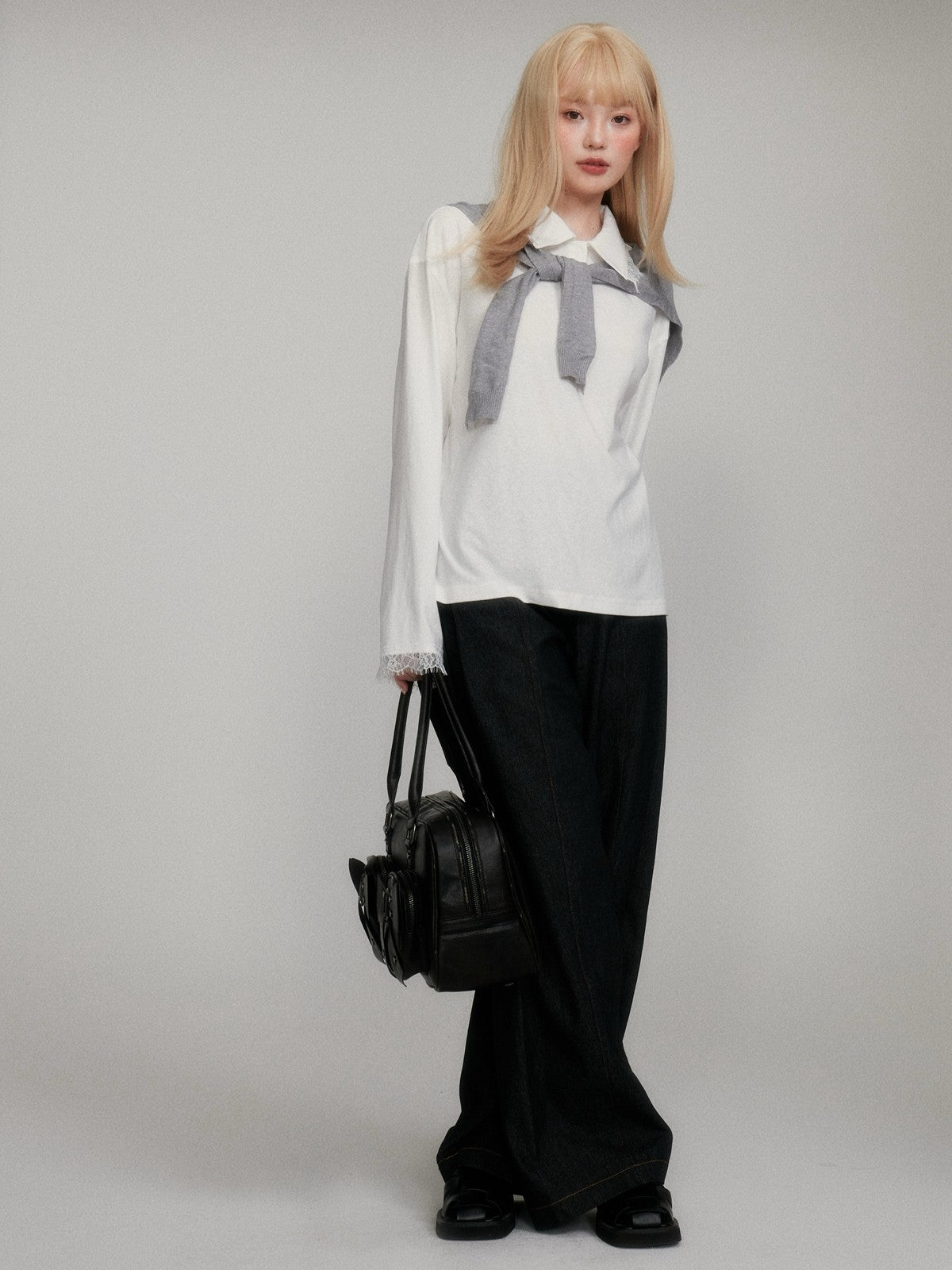 “Lash-Lace Soft Drape” White Polo Long-Sleeve Base Top M6678