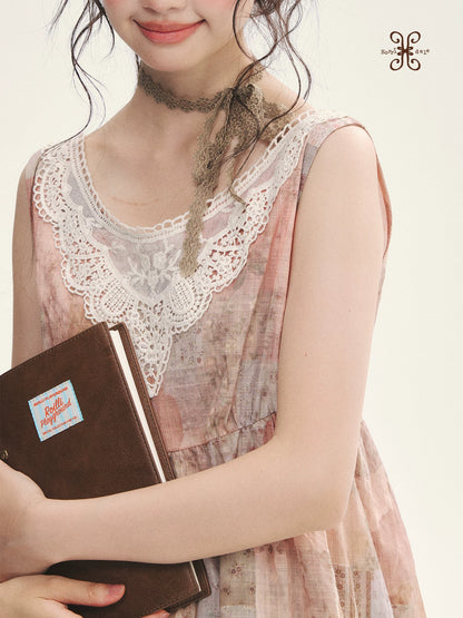 "Fragments of Time" Pink Brown Patchwork Lace Ruffle Trim Sleeveless Top