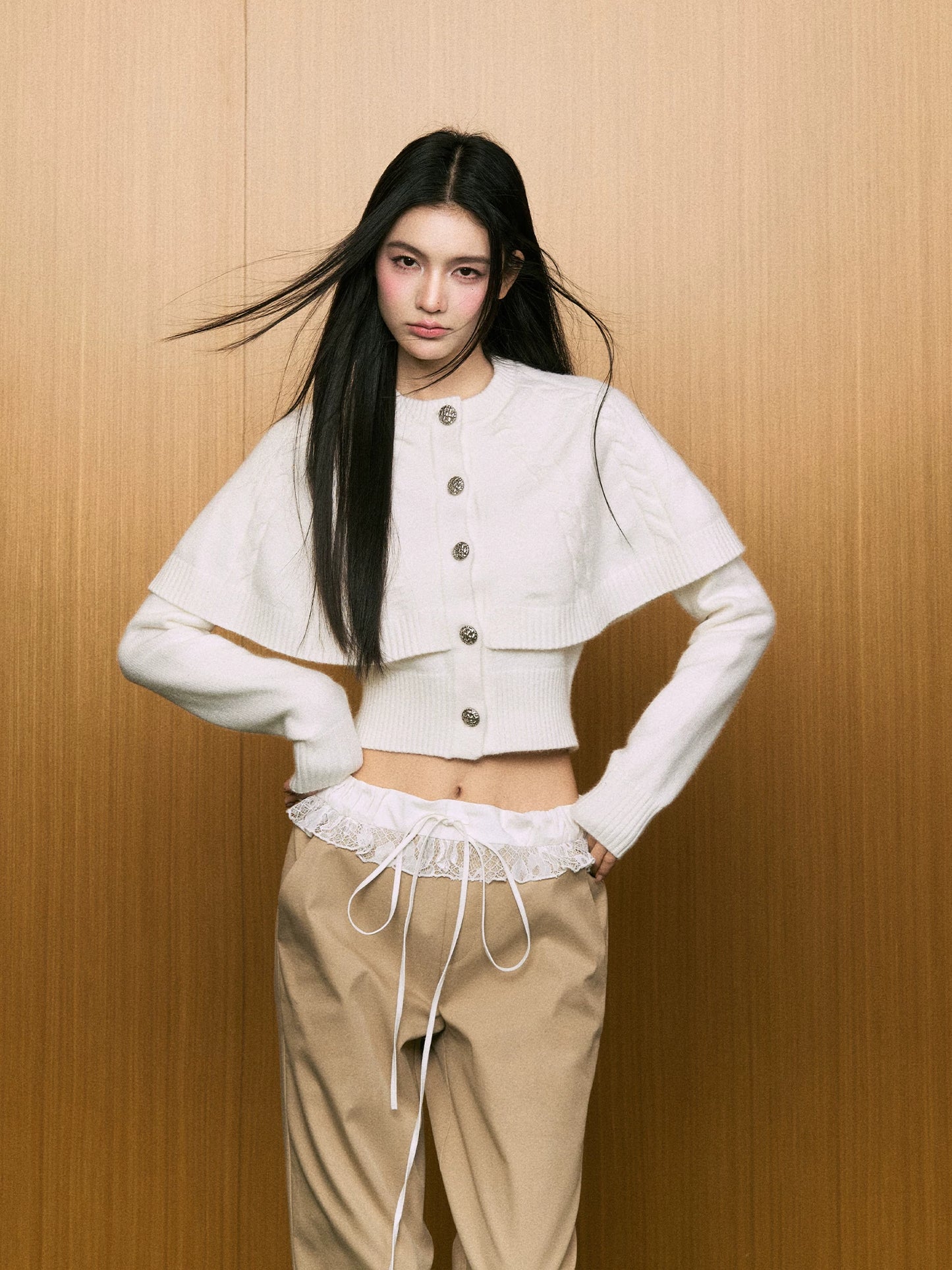 "First Bloom" Cable Knit Cape Cardigan (Ivory/ Navy)