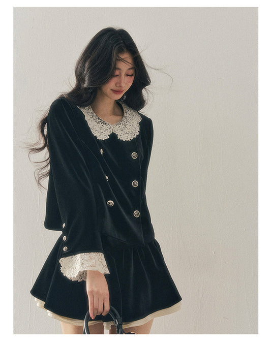 040126 "She Fades into Dusk" Velvet Lace Collar Two-Piece Set