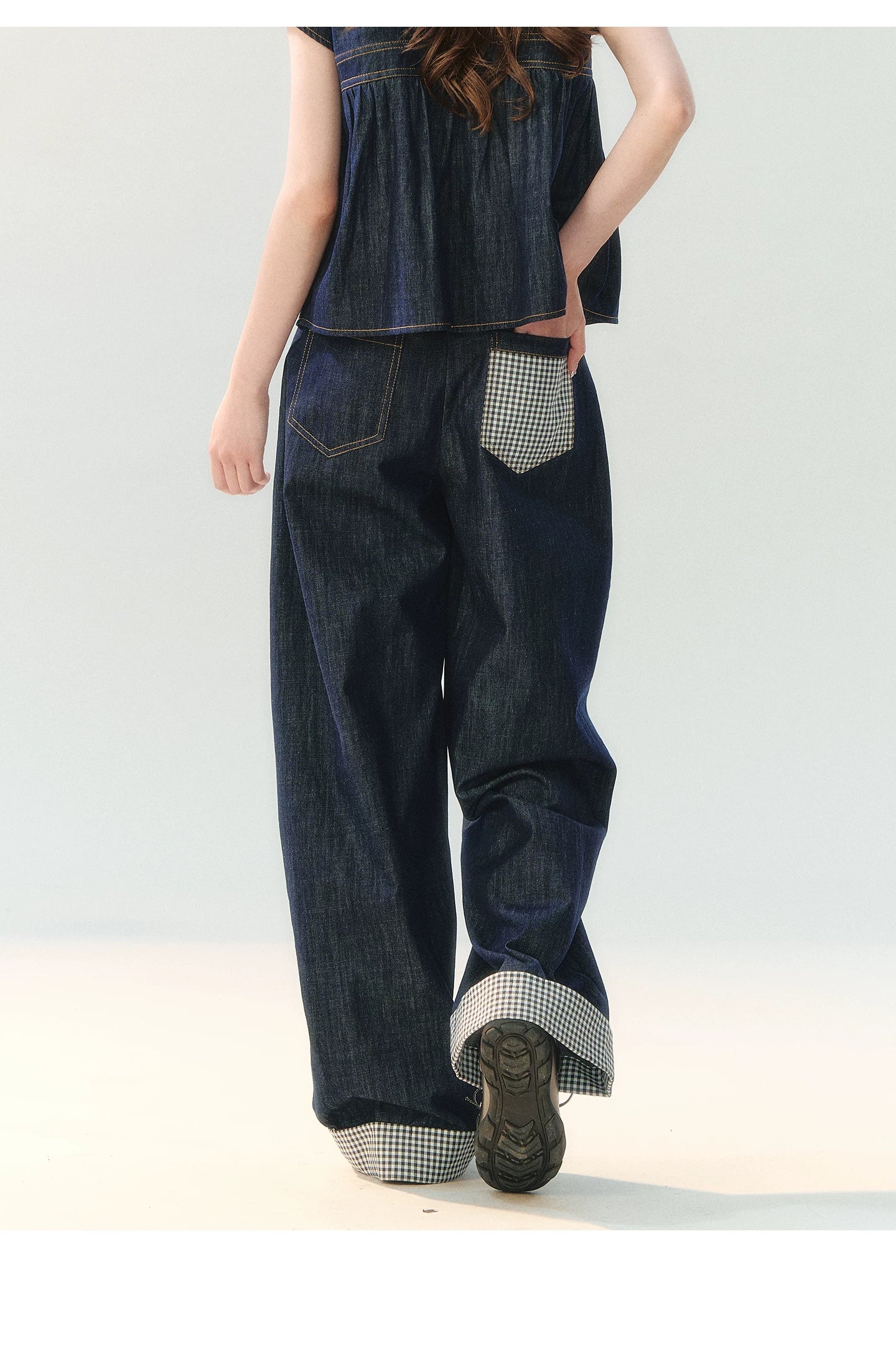 "Denim Check Prelude" Indigo Denim Three-Piece Set