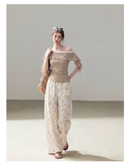 AOMALM - "A Cloud in Bloom" Primrose Yellow Floral Embroidered Lace Wide-Leg Pants