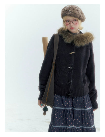 Horridale - Dark Coffee Brown Hooded Knit Cardigan with Detachable Faux Fur Collar