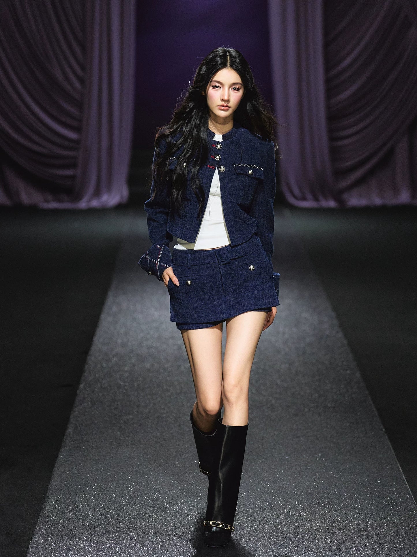 "Midnight Atelier" Navy Wool Quilted Jacket & A-Line Skort Set