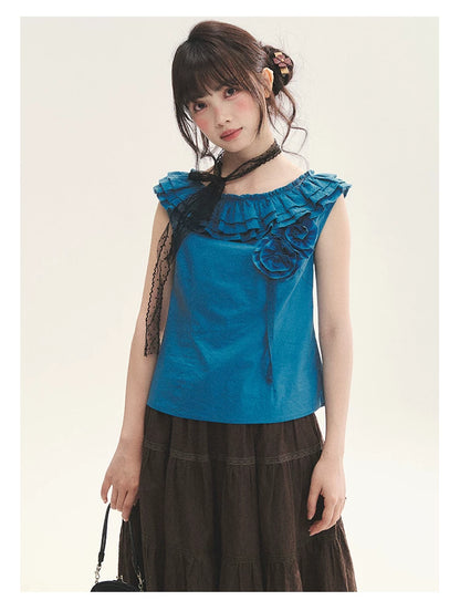 "Bluebell" Peacock Blue Lace Embroidered Fitted Sleeveless Top