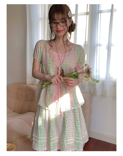 [RF] “Green Grape Picnic” Pastel Plaid Two-Piece Skirt Set