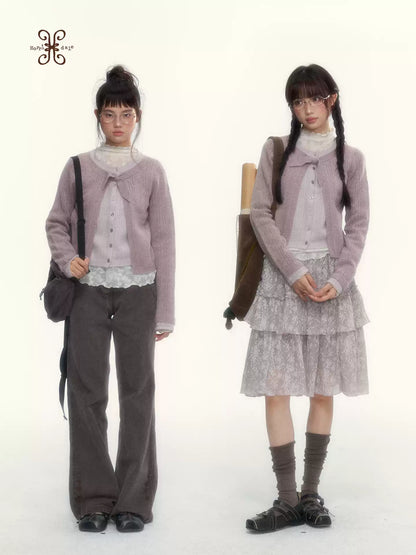 Korean Contrast Bow-Tie Layered Knit Cardigan (Blue / Purple)