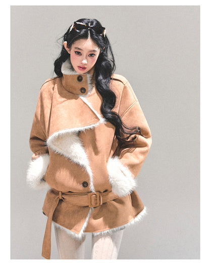 少也眼 "Monologue in the Snow" Suede Faux Shearling Jacket with Belt - Khaki 8746513