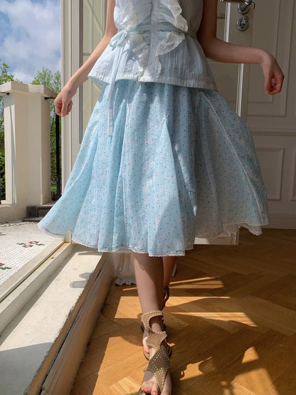“Blue Berry Stardust” Blue Floral Polka Dot Skirt