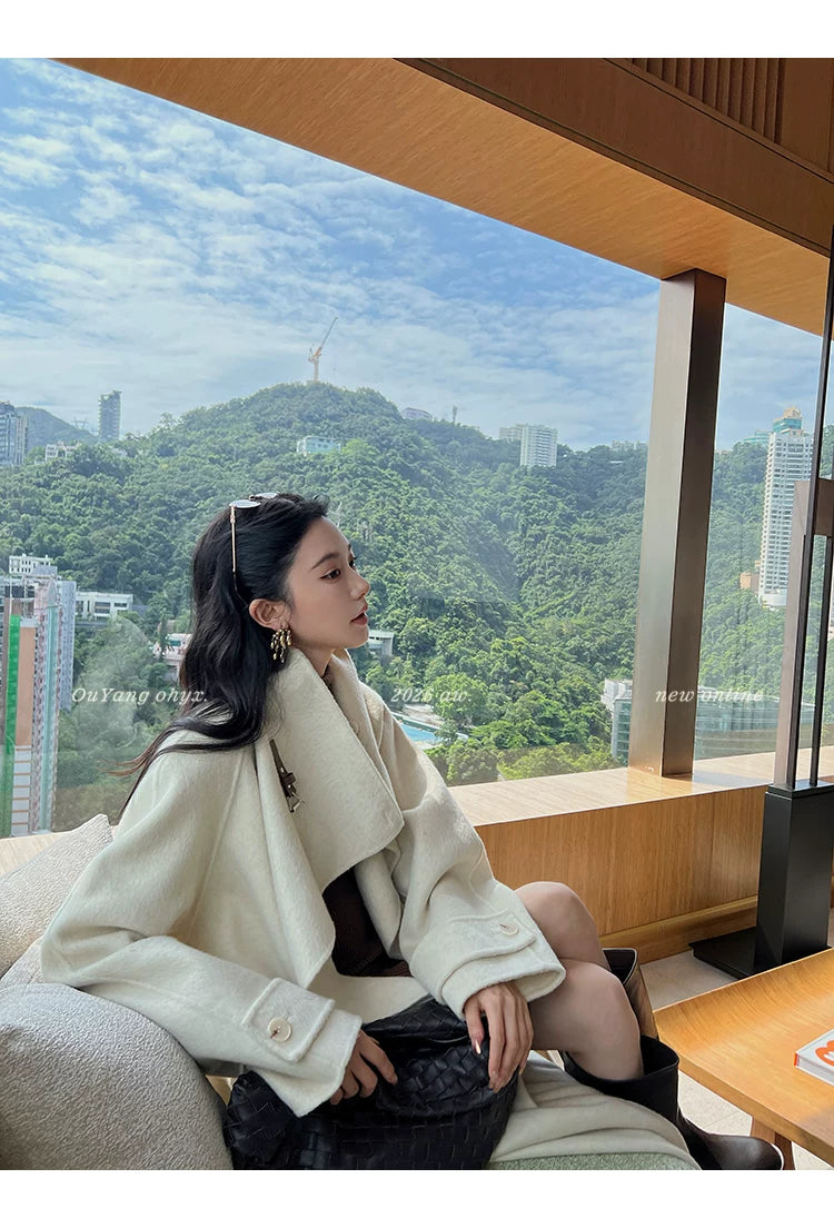 QuQuOuYang - 100% Wool Double-Face Belted Coat with Convertible Collar