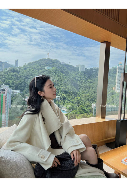 QuQuOuYang - 100% Wool Double-Face Belted Coat with Convertible Collar