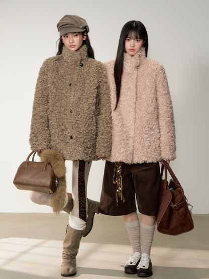 Soote Season - Curly Faux Shearling Stand-Collar Fur Jacket