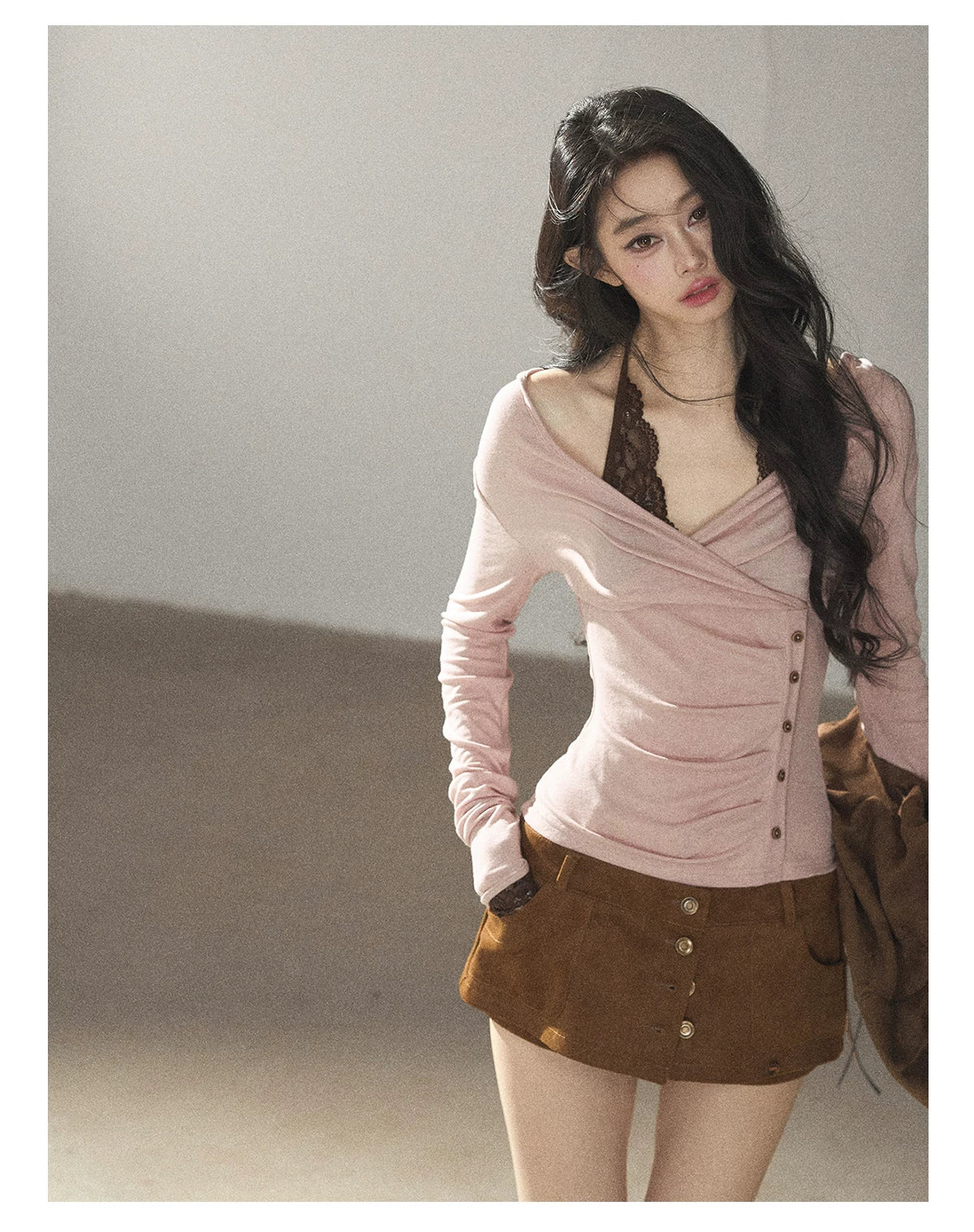 AOMALM - "Rose Garden Daydream" Misty Pink Korean Layered Lace Long-Sleeve Halter Top