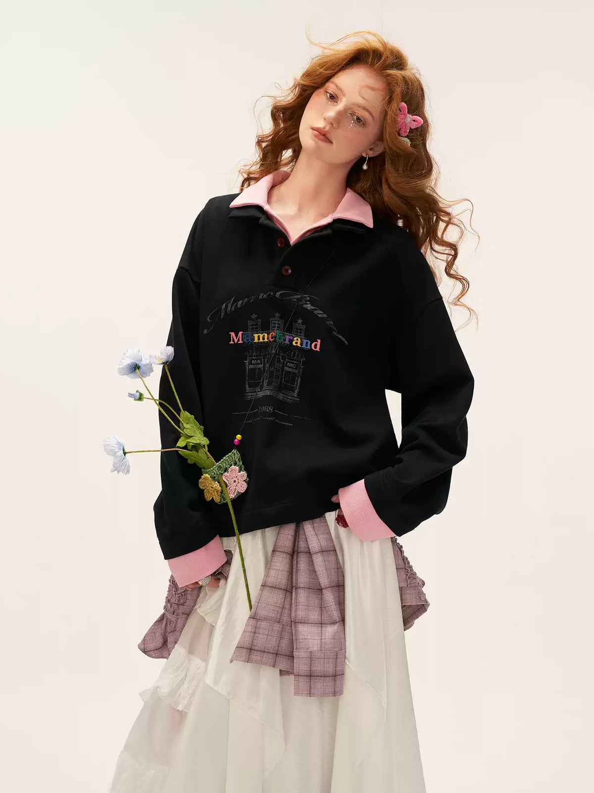 MAMC - Fake Two-Piece Buttoned Polo Sweatshirt - BLACK