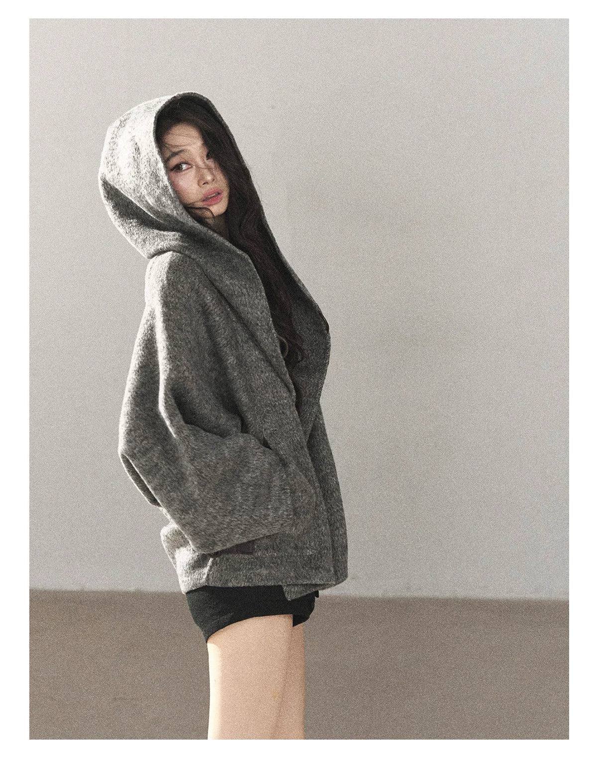 AOMALM - Dark Heather Gray Hooded Wool-Blend Jacket (With Inner Bra)