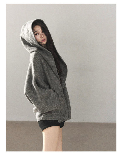 AOMALM - Dark Heather Gray Hooded Wool-Blend Jacket (With Inner Bra)